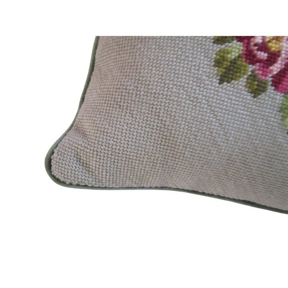 Vintage Floral Needlepoint Throw Pillow Gray Green Velvet Back Handcrafted GUC - Picture 7 of 16